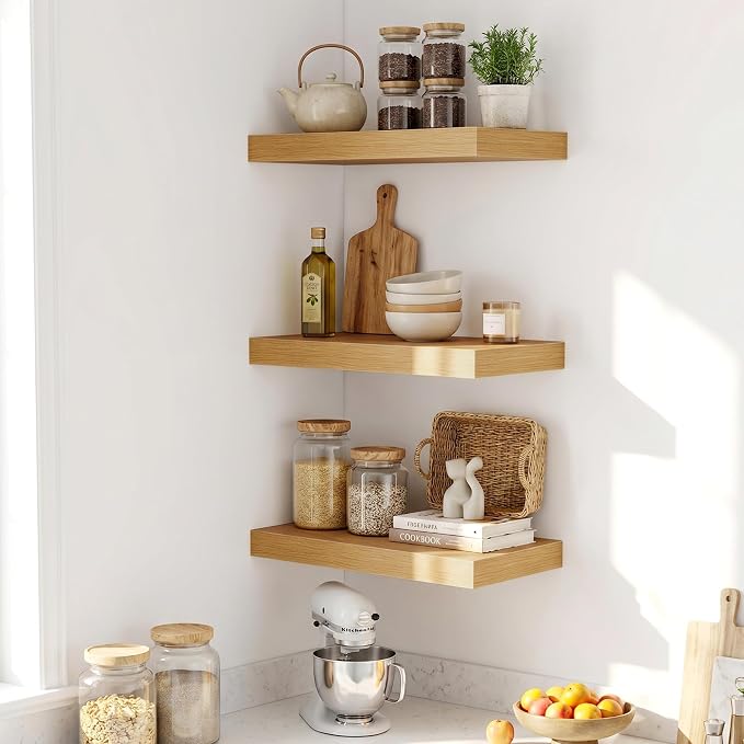 Fun Memories Wood Floating Shelves 20 Inch, 10 Inch Deep Shelves Wall Mount, Wall Shelves with Invisible Bracket, 20" Floating Shelves for Living Room Bathroom Bedroom, Oak, Set of 3