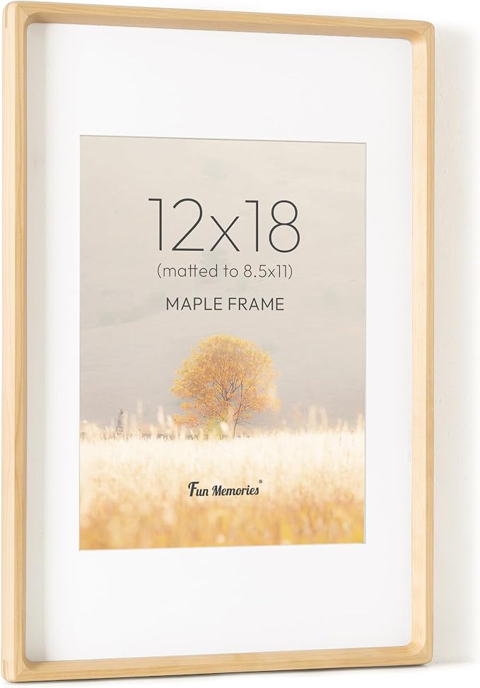 12x18 Poster Frame, USA-Sourced Maple Wood Picture Frame with HD Tempered Glass, Handcrafted Rounded Corner 12 x 18 Wooden Frames Matted to 8.5x11 Photos, Horizontal or Vertical Wall Display