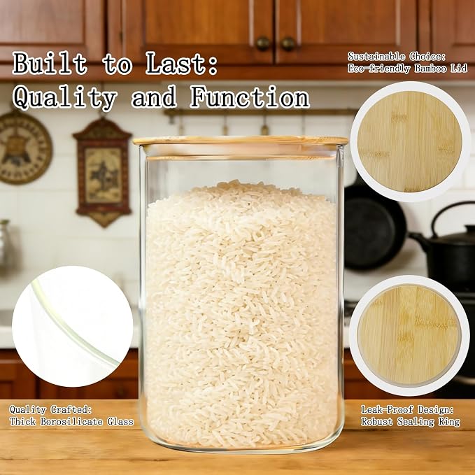 2-Pack Glass Jars with Bamboo Lids,101 fl oz Flour and Sugar Containers | Set of 2 Large Kitchen Airtight Food Storage Jars for Flour, Rice, Oats, Coffee Beans, Sugar, Candy, Cookies, Spices