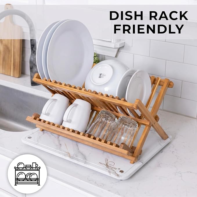 LARGE MATMOSPHERE Stone Dish Drying Mat for Kitchen Counter – Fast Absorbing Diatomaceous Mat with Stainless Steel Legs, Quick Dry, Dish Rack Mat, USA Small Business, 18”x14”, White Marble