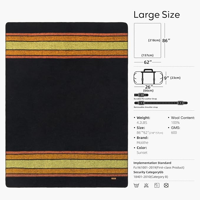 Molithe 100% Wool Blanket, 62" x 86", Warm, Thick, Washable, Military | Great for Camping, Outdoors, Sporting Events, Survival Kits Black and Yellow