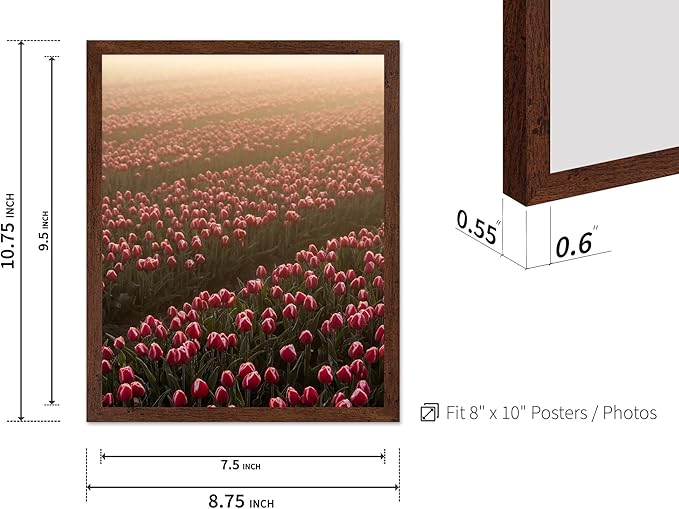 Monem Art Golden Tulip Field Sunset Photography Print - Romantic Spring Landscape Art Poster - Wall Decor for Living Room, Bedroom or Office - 8x10 Brown Framed Wall Art by Mareike Bohmer