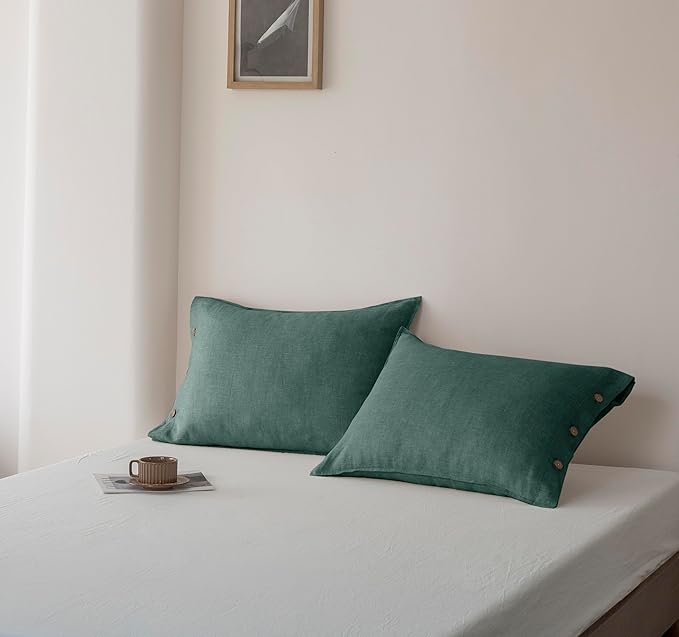 EVERLY 100% Linen Pillowcases Set of 2, French Linen from Normandy, 20X30Inch Standard Size, Natural Color, Coconut Buttons Closure, Flax Pillowshams-Pillowcase-Aqua