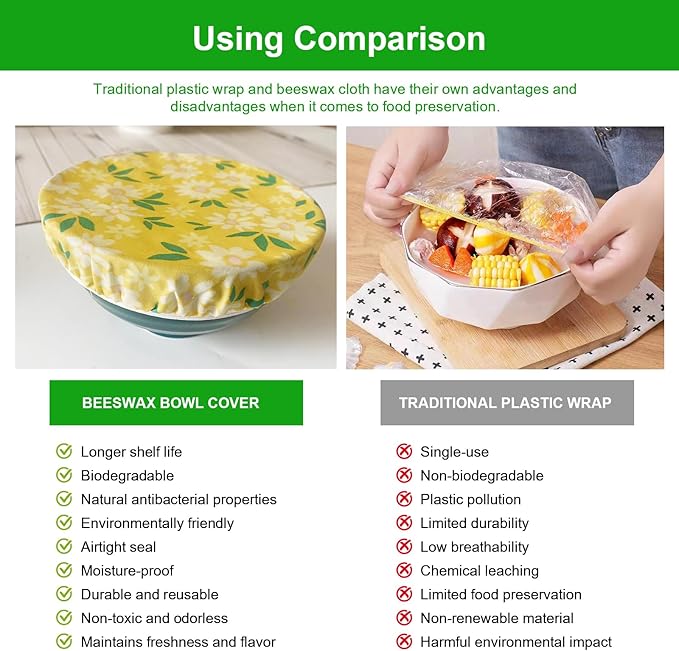 3 Pieces Beewax Bowl Covers Reusable Cloth Fabric Elastic Food Storage Cotton Bread Lids for Food, Fruits, Leftover Kitchen Container