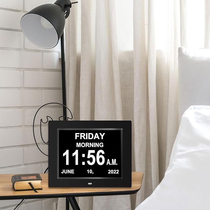 Digital Calendar Date Multi Alarm Clock 8 inch Large Display Auto-Dimming Electic Desk Table Wall Mount Office, Home, Kitchen, Room, School, Bedroom, Living Room (Black)