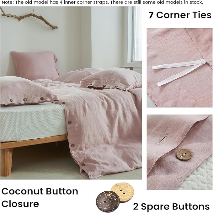 Simple&Opulence 100% Linen Duvet Cover Set 3pcs with Coconut Button Closure Natural French Washed Flax Solid Color Soft Breathable Farmhouse Bedding - Blush Pink, Full Size