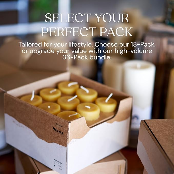 Bluecorn Beeswax Votive Candles, 100% Pure Natural Bees Wax, Ivory White Votives, Clean Burning & Long Lasting (12+ Hours), Fragrance Free, Home Decor & Wedding Decorations, American Made, 18 Pack