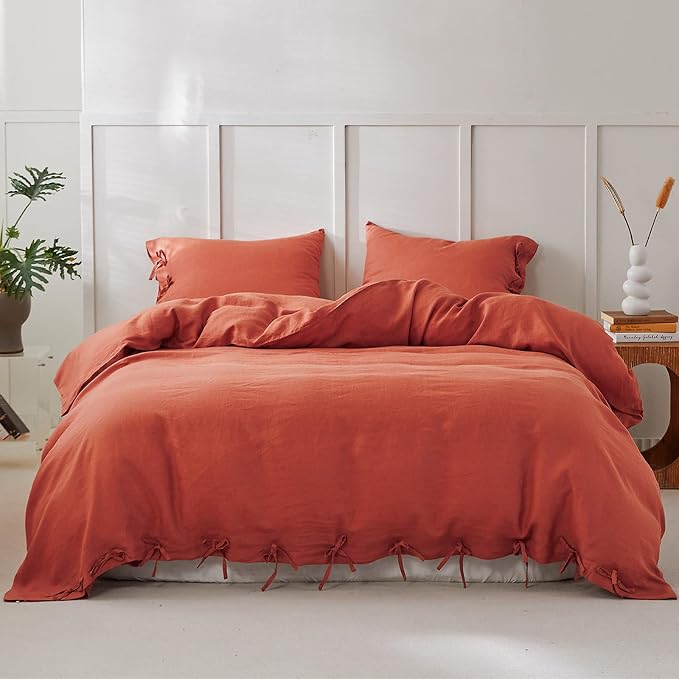 Simple&Opulence 100% Linen Duvet Cover Set 3pcs with Bowknot Ties Closure Natural French Washed Flax Solid Color Soft Breathable Farmhouse Bedding - Brick Red, King Size
