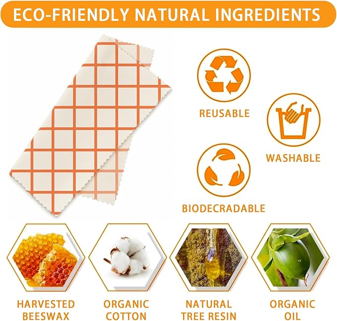 Reusable Beeswax Wraps, 9 Pack Eco-Friendly Food Storage, Organic, Sustainable, Zero Waste, Plastic-Free, Sandwich, Snack, Bowl Cover, 1XL, 3M, 5S, Orange Chevron Grid Gingham Patterns