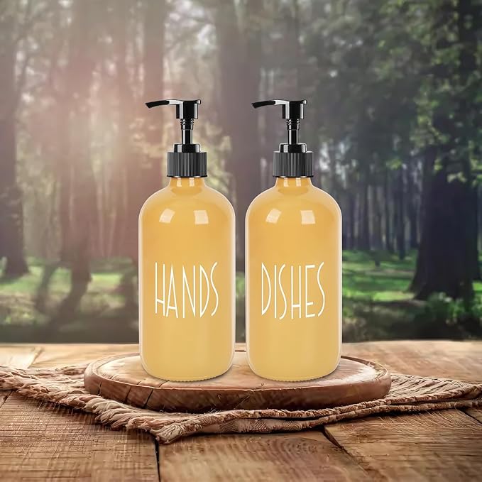 Glass Soap Dispenser with Plastic Pump for Kitchen - 16 OZ Glass Hand Soap Dispenser Set - Kitchen Bathroom Decor and Accessories (Yellow)