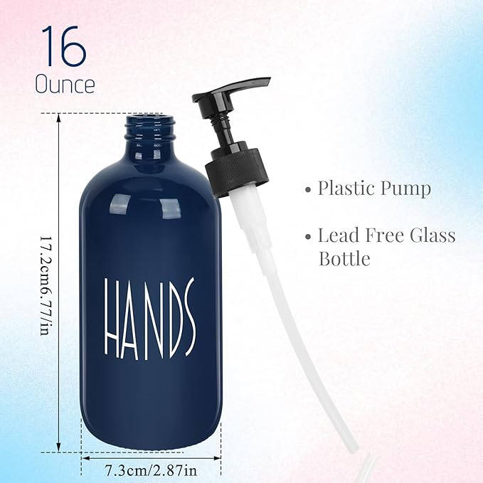 Dish Soap Dispenser for Kitchen - 16 OZ Glass Hand Soap Dispenser Set - Kitchen Bathroom Decor and Accessories (Navy Blue)