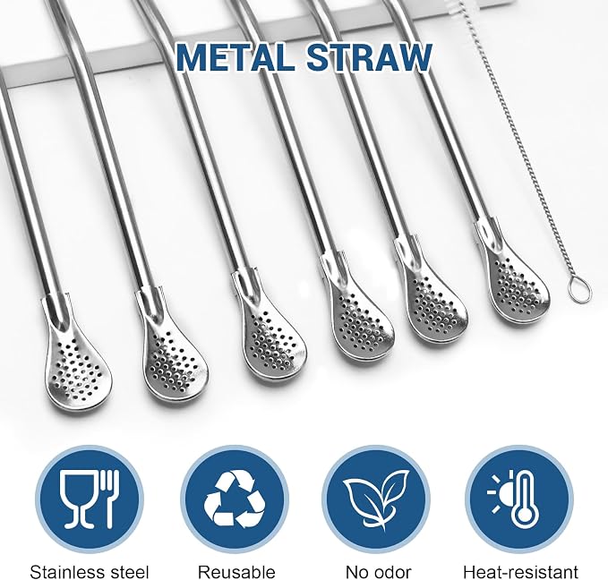 6 in Reusable Yerba Mate Straws, 6 Pcs Metal Spoon Straws Bent | Stainless Steel Short Straw Spoon, Removable Drinking Filter Straws with 2 Cleaning Brushes for Tea Coffee Cocktail(Silver)
