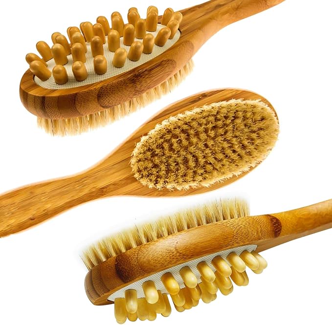 Bamboo Body Brush for Back Scrub - Natural Boar Bristle Shower Brush Scrubber with Long Handle - Exfoliate Skin and Cellulite - Wet or Dry
