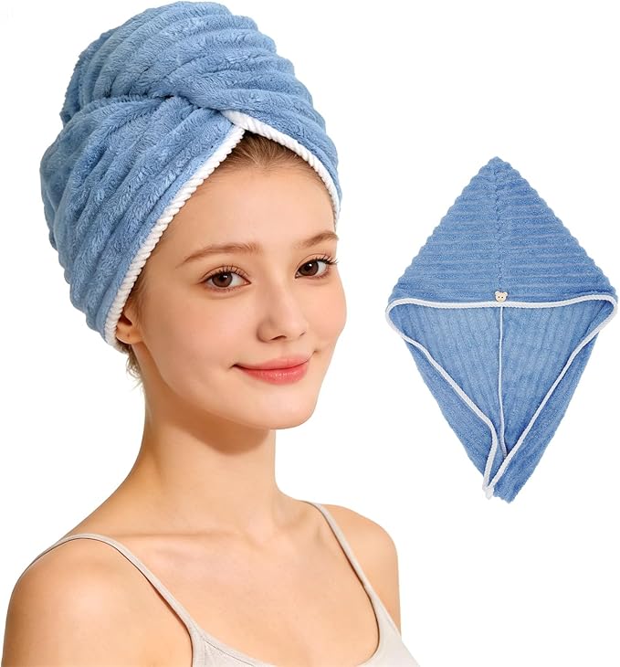 Microfiber Hair Towel Wrap for Women, Soft Lightweight Quick Dry Turban, Drying Hair Towels for Women, Hair Drying Towel with Button for Curly & Long Hair - Blue (Note: This model is ultra-slim.)