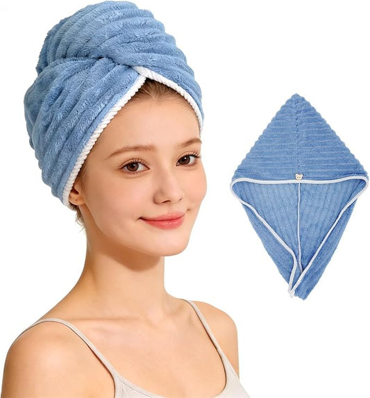 Microfiber Hair Towel Wrap for Women, Soft Lightweight Quick Dry Turban, Drying Hair Towels for Women, Hair Drying Towel with Button for Curly & Long Hair - Blue (Note: This model is ultra-slim.)