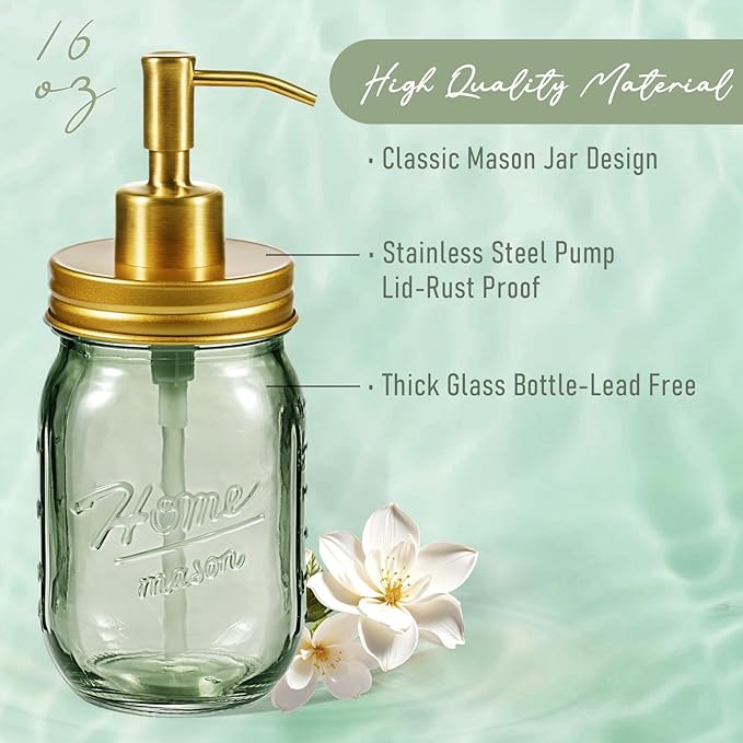 SheeChung Mason Jar Green Glass Soap Dispenser, Stainless Steel Pump, Refillable Dish soap Dispenser for Kitchen, 16Oz Bathroom Hand Soap Dispenser for Lotion, Liquid, Farmhouse Decor-Gold, 2 Pack
