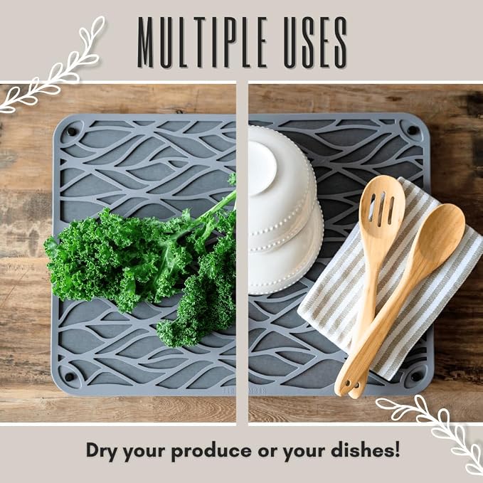 Stone Drying Mat for Kitchen Counter - 21.6"x15.7" Eco-Friendly Diatomaceous Earth Stone Dish Drying Mat with Trendy Silicone Topper & Legs for Airflow - Large Kitchen Stone Mat