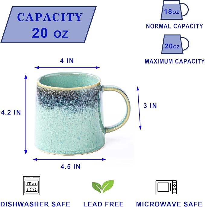 Large Ceramic Coffee Mugs, 20 oz Handmade Pottery Mug, Big Tea Cups with Handle for Office and Home, Dishwasher and Microwave Safe (Crystal Green)