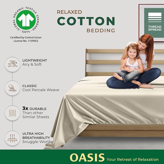 THREAD SPREAD 100% Organic Cotton Percale Flat Sheet Full Size - 1 PC Flat Sheet, Ivory - Crisp, Cool and Strong Bed Linen, Top Sheets for Hot Sleepers, Luxury Breathable GOTS Certified Sheets
