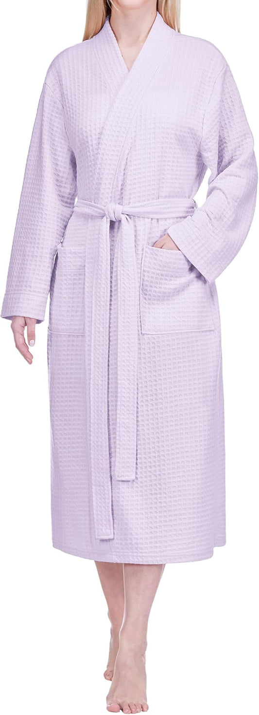 PAVILIA Womens Waffle Knit Robe Lightweight Cotton Blend Full Length House Bathrobe with Pockets