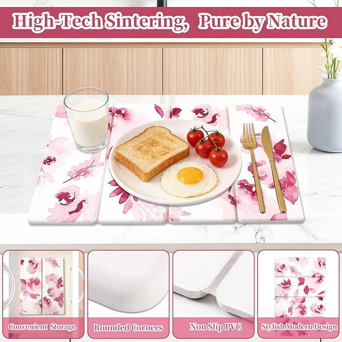 3 PCS Stone Dish Drying Mat for Kitchen Counter, Quick Dry Foldable Stone Dishes Mats, Water Absorbing Diatomaceous Earth Drying Organizer for Dishes Bottles, Cups and Tableware (Pink)