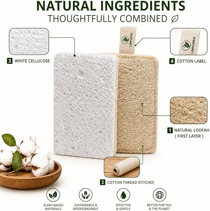 Natural Loofah Biodegradable Sponges Plant Based Kitchen Cleaning Supplies Plastic Free Luffa Sponges Dish Scrubber Cellulose Sponges Household Cleaning Tools Zero Plastic Products