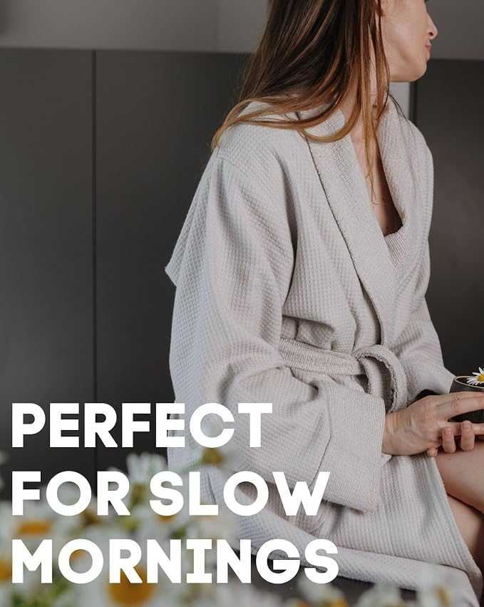 sea me at home Turkish Cotton Waffle Bathrobe, Luxury Spa Hotel Shawl Collar Robe for Women & Men, Plush Terry Inside