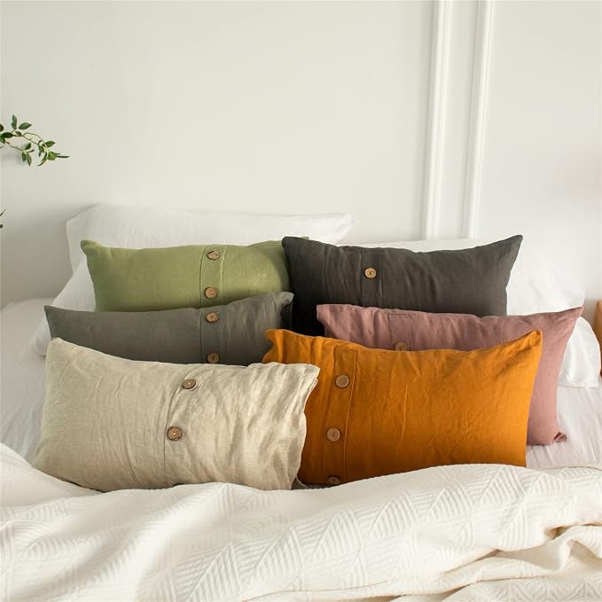 Simple&Opulence 100% Linen Lumbar Pillow Cover 12 x 20 Inch Set of 2 Rectangular Decorative Pillow Cover with Vintage Triple Coconut Button for Couch Sofa Bed Living Room Office Décor - Olive Green