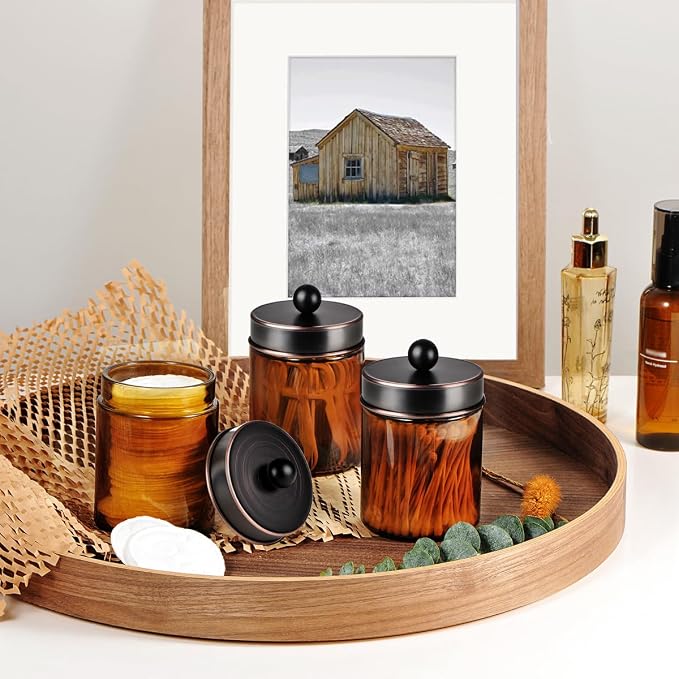 3PACK Amber Glass Qtip Holder+ Mason Jar Bathroom Accessories Lids Set(4pcs)-Oil Rubbed Bronze