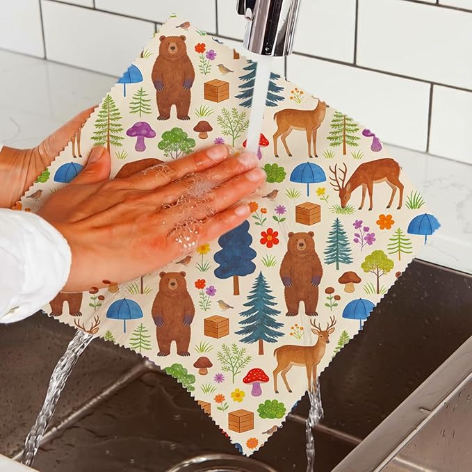 LENARKU Reusable Beeswax Wrap, 9 Pack Eco-Friendly Food Storage, Organic Cotton, Sustainable, Zero Waste, Plastic-Free, Sandwich & Snack Covers, 1XL, 3M, 5S, Forest Animals & Nature Pattern