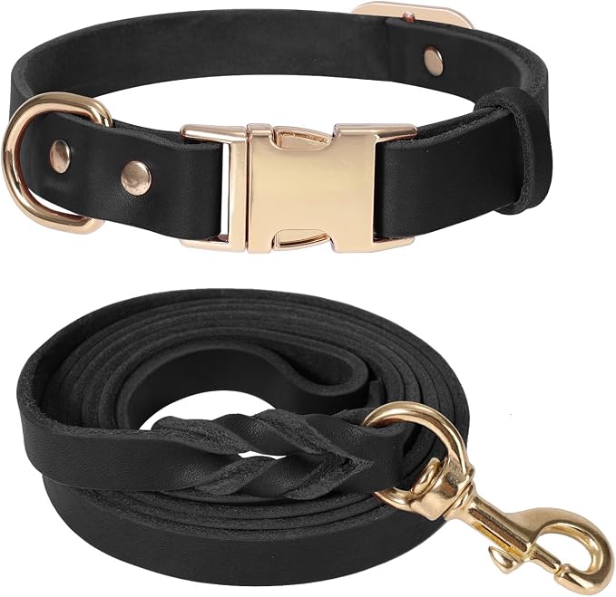 LWBMG 5FT Leather Dog Collar and Leash Set, Heavy Duty Dog Leash and Collar with Metal Buckle,Adjustable Pet Collar and Lead, Soft Pet Leash and Collar Set for Small Medium Large Dogs Black