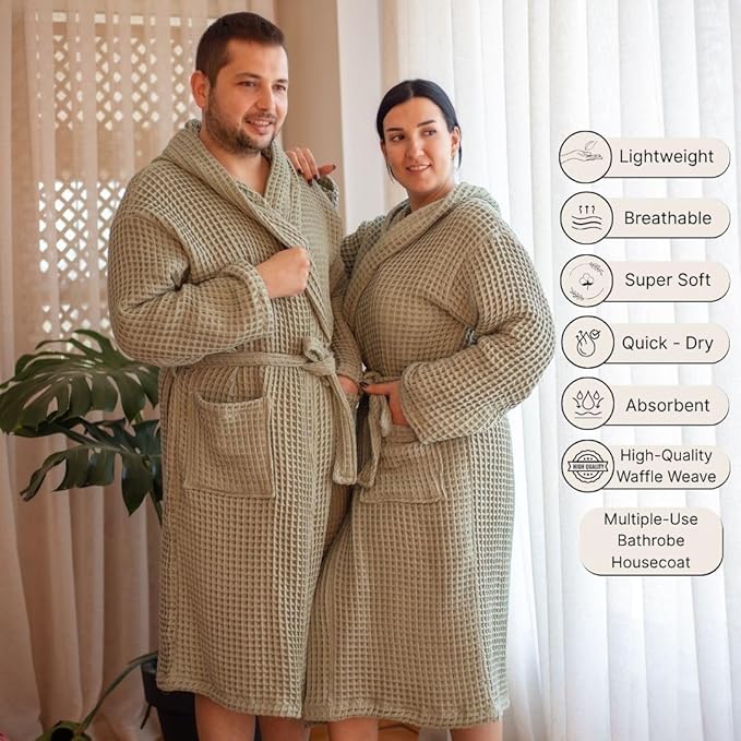 Unisex Hooded Waffle Robe for Women & Men 100% Turkish Cotton | Quick-Dry Bathrobe | Cozy Housecoat for Lounging