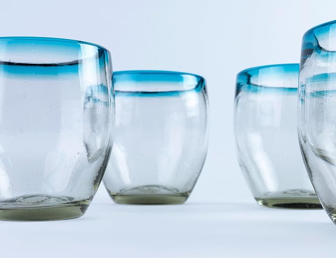 9 oz Hand Blown Mexican Drinking Glasses - Set of 6, 9 fl oz each, Aqua Rim