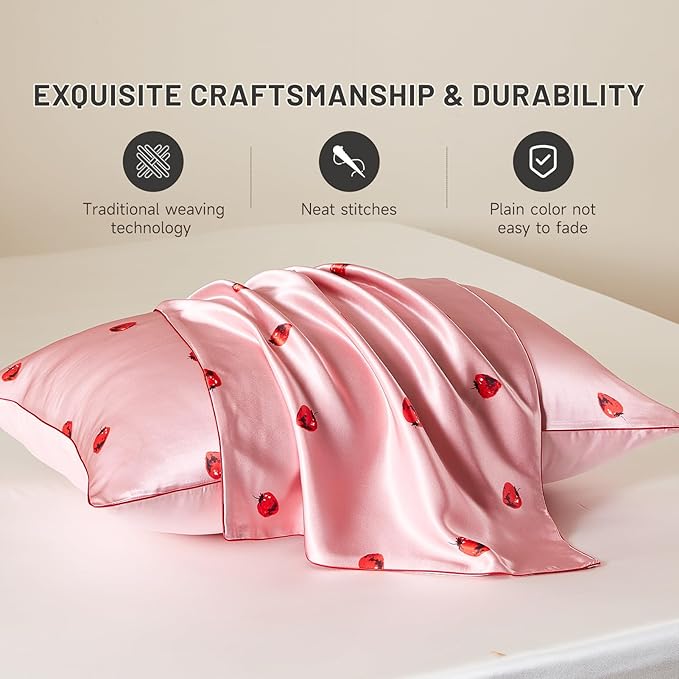 THXSILK Natural Mulberry Silk Pillowcase Hypoallergenic Zipper Pillow Case - Grade 6A+ Mulberry Real Silk Pillowcase Organic Silk Pillow Cover, 1PC (Pink Strawberry, Queen Size 20"x30")