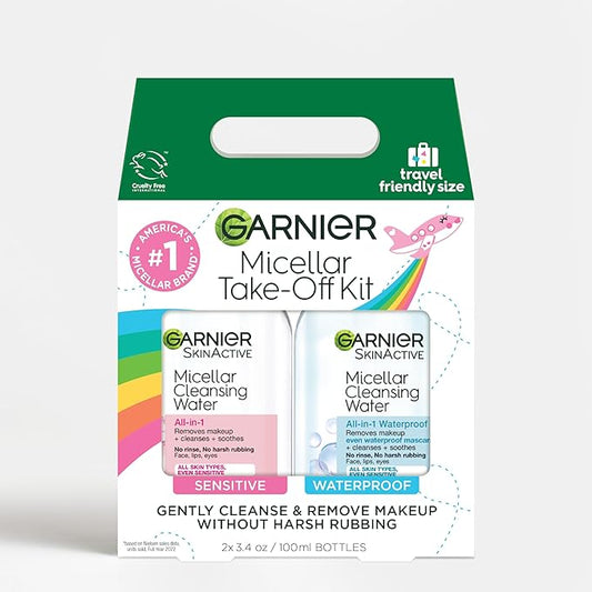 Garnier Micellar Water Travel Size Take-off Kit, All-In-1 Facial Cleanser & Makeup Remover, Mini All-In-1 Micellar + Mini Remover for Waterproof Makeup