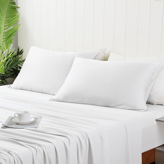 2 Pack Cooling Pillow Cases,Viscose Derived from Bamboo Pillow Protectors Standard Size Set of 2, 400 Thread Count Soft Silky Breathable Summer Pillow Cover with Zipper Hidden (2PCS, Standard, White)