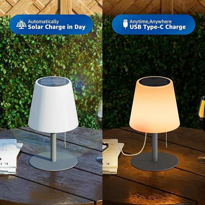 uuffoo Solar Lamp Outdoor Waterproof 8 Colors Rechargeable Cordless, Eye-Caring Dimmable Solar Lights LED Battery Operated Portable for Indoor Outdoor Garden Patio (Gray)