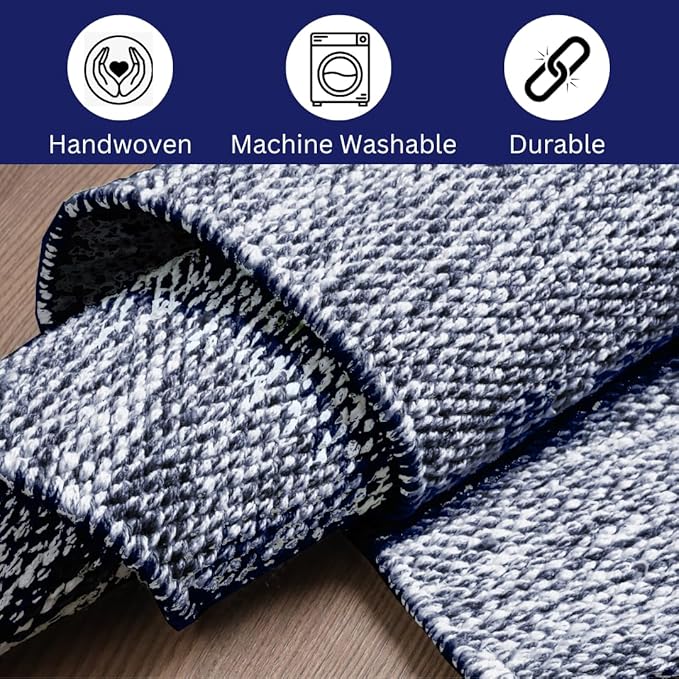 Hand Woven Area Rug 2x3 Feet - Rustic Farmhouse Bohemian Accent Rug for Living Room Bedroom Kitchen Entryway Floor Mats - Ideal for High Traffic Areas 100% Cotton Rag Rug Blue
