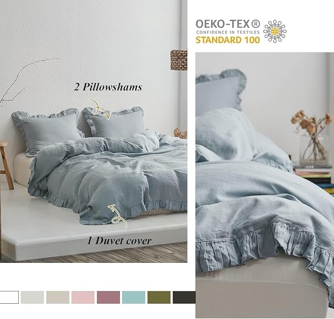 Simple&Opulence 100% Linen Duvet Cover Set, 3 PCS Natural French Flax Dusty Blue Ruffle Duvet Cover Queen Size, Breathable Comfy Linen Bedding Comforter Cover with 2 Pillowcases(Dusty Blue, 88" X 92")