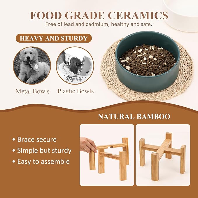 Raised Ceramic Large Dog Bowl - Heavy Weighted Dog Dish with Bamboo Stand - Elevated for Comfortable Feeding - 8.3" W x 8" H - 4.5 Cups (68 fl oz) - Green
