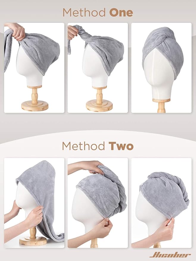 Hicober Microfiber Hair Towel, 2Packs Hair Turbans for Wet Hair, Drying Hair Wrap Towels for Curly Hair Women Anti Frizz(Pink,Grey)