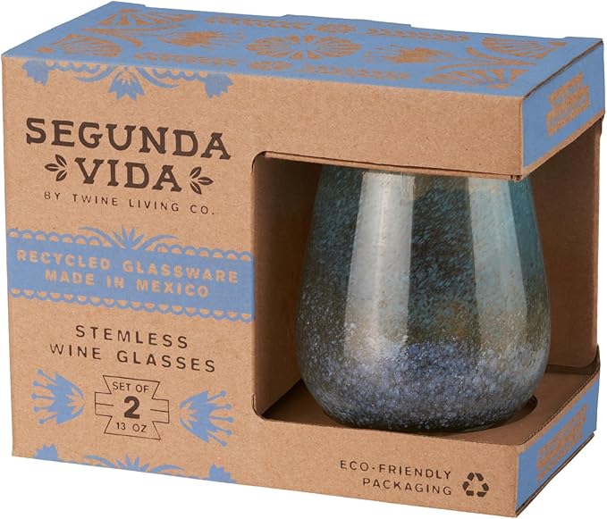Segunda Vida Playa Bonita Hand Blown Wine Glasses, Recycled Mexican Glassware with Coastal Inspired Sea Blue and Sand Design, Stemless Drinking Glasses for Wedding Gifts, Wine Lovers, 13 oz Set of 2