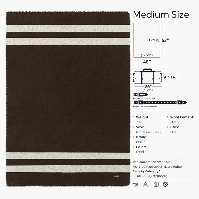 Molithe 100% Wool Blanket, 48" x 62", Warm, Thick, Washable, Military | Great for Camping, Outdoors, Sporting Events, Survival Kits Brown and Ivory