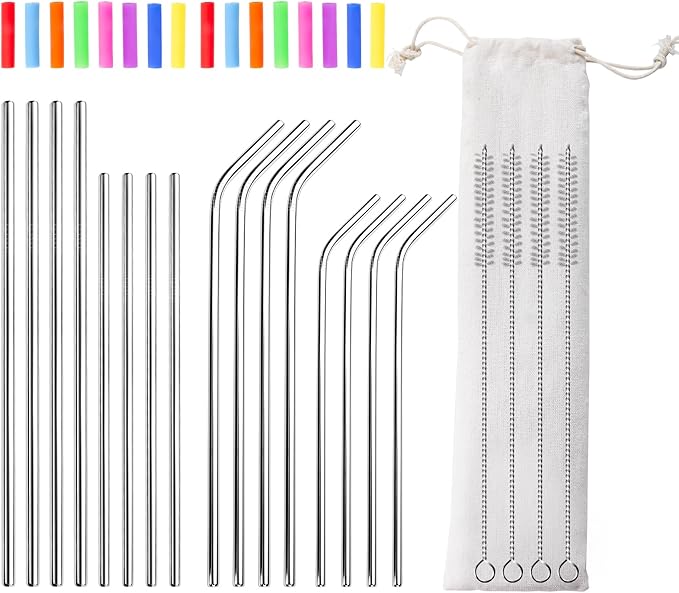 Lazycorner 16 Pcs Metal Straw Reusable 8.5" 10.5" 6mm Stainless Steel Straws for Tumblers 20oz-32oz, Silver Drinking Straws with Silicone Tips, 4 Straw Cleaner Brush, 1 Travel Case