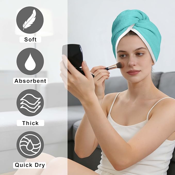VOOVA & MOVAS Aqua & Blue Microfiber Hair Towel, 2Pcs Button-Free Elastic Loop Hair Turban, Ultra Soft Quick Drying Hair Wrap, Anti Frizz Highly Absorbent Towel