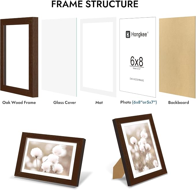 Hongkee 6x8 Oak Wood Picture Frame 1 Pack(Matted 5x7) with Real Glass Cover | Walnut, 6 x 8 Solid Wood Frame for Wall or Tabletop Display - Includes Easel Back, Vertical Hang - Ideal for Home, Office