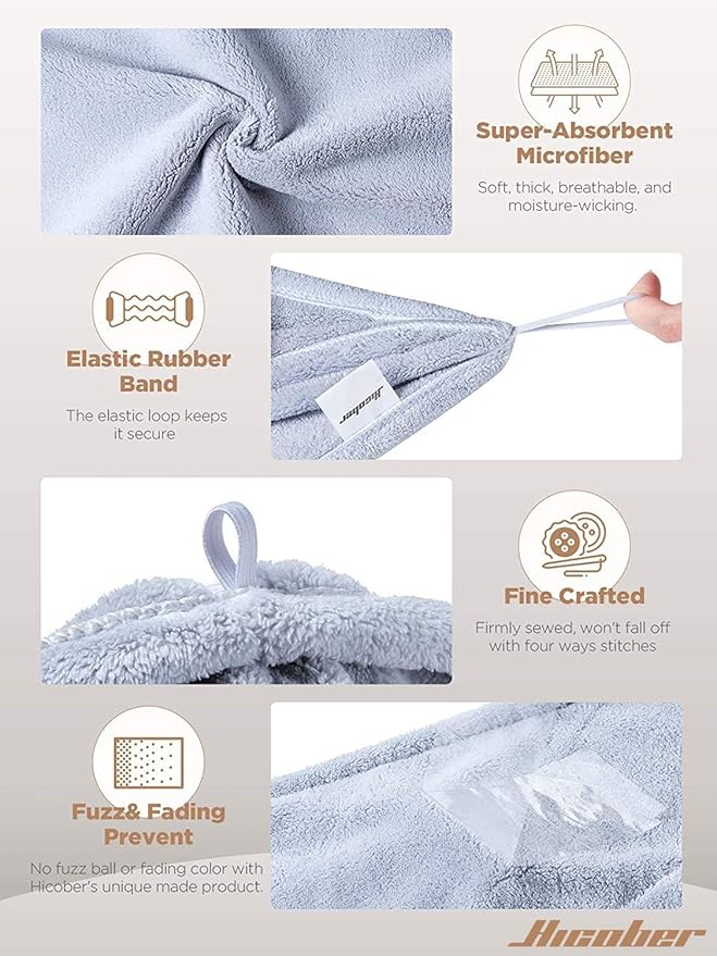 Hicober Microfiber Hair Towel Wrap, Fast Drying Hair Towels for Women, Soft Lightweight Quick Dry Turban for Curly & Long Hair–3 Pack(Blue/Grey/Pink)