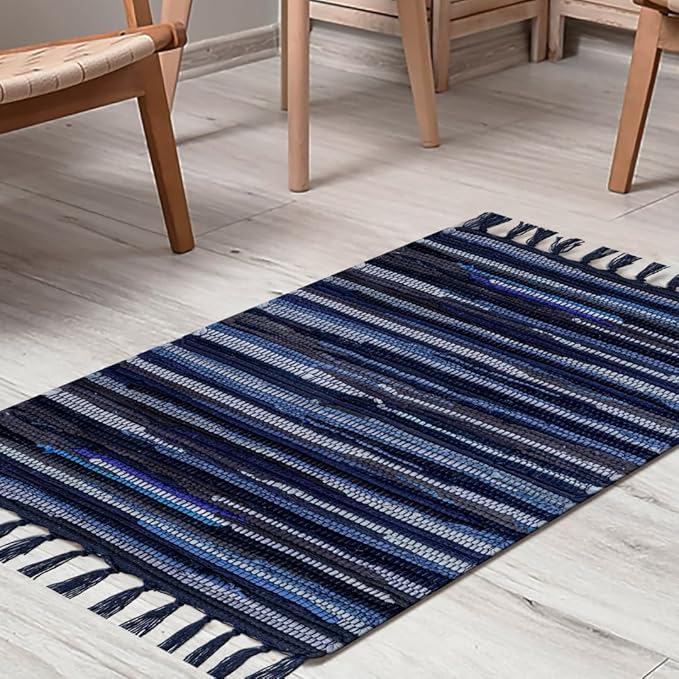 Cotton Chindi Rug - Boho Rustic Area Accent Throw Rug - Area Floor Carpet for Bedroom Living Room Kitchen Dorm Entryway Hallway - 20x32 inch Hand Woven Reversible Area Rug Blue Multi