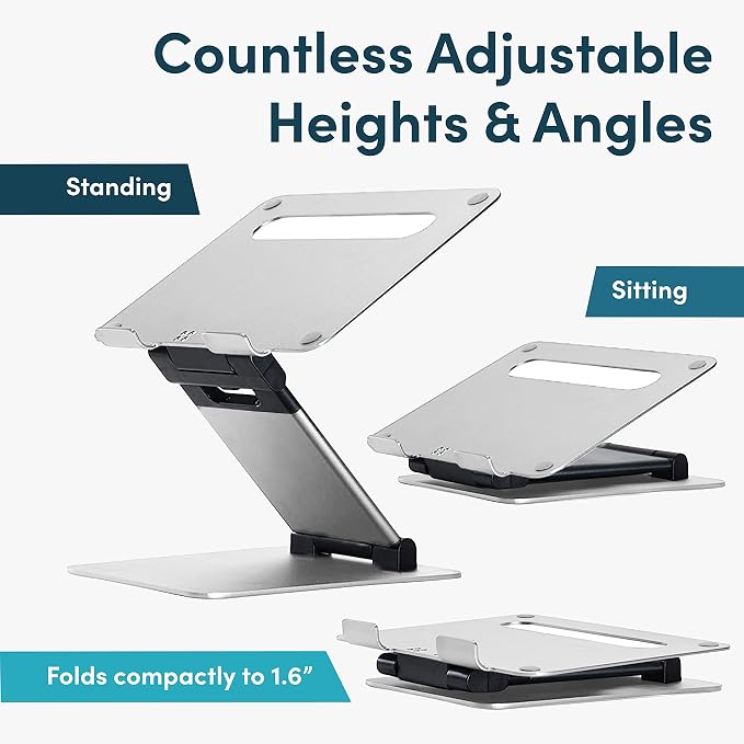 Lifelong Aluminum Adjustable Laptop Stand, Extra Tall 20" Riser, Silver | Ergonomic Laptop Stand for Desk, Portable Foldable Computer Stand, Fits 10-17 Inch Laptops & MacBooks