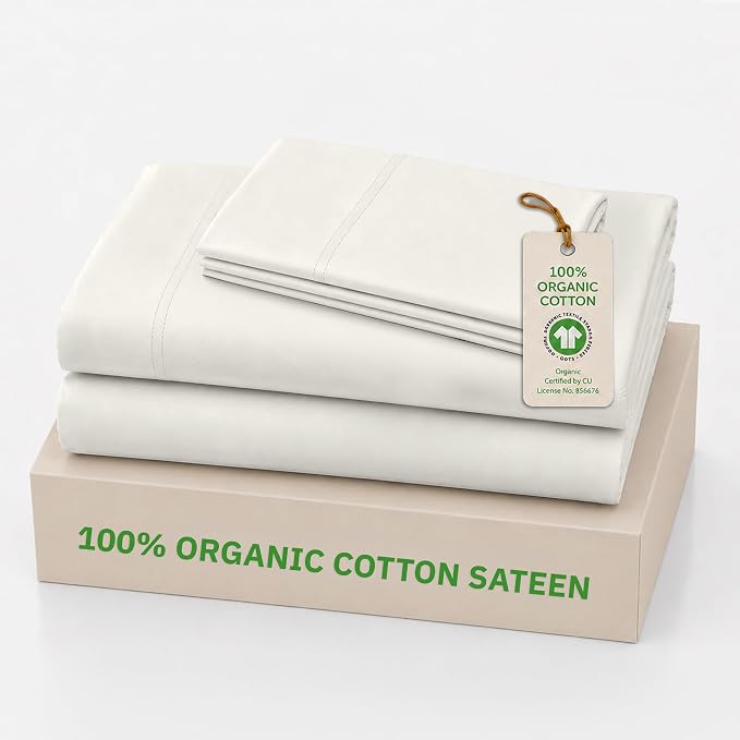 California Design Den Twin Bed Sheets Set - 100% Organic Cotton Sateen Sheets Twin, Soft and Lightweight, Deep Pockets, Durable Bedding - Soft Cream